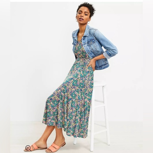 LOFT Floral Midi Dress with Blue and Green - Picture 1 of 12
